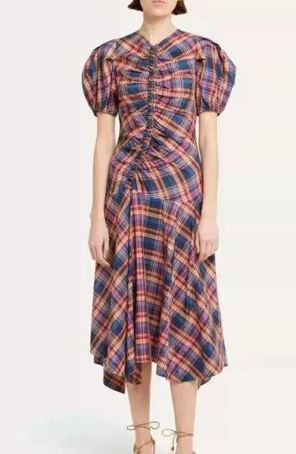 ulla johnson Heleen Puff-Sleeve Silk Cotton Plaid Midi Dress $620