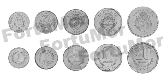 Costa Rica 5 Pcs Coins SET, 1 2 5 10 20 Colones, UNC, 1983 1994