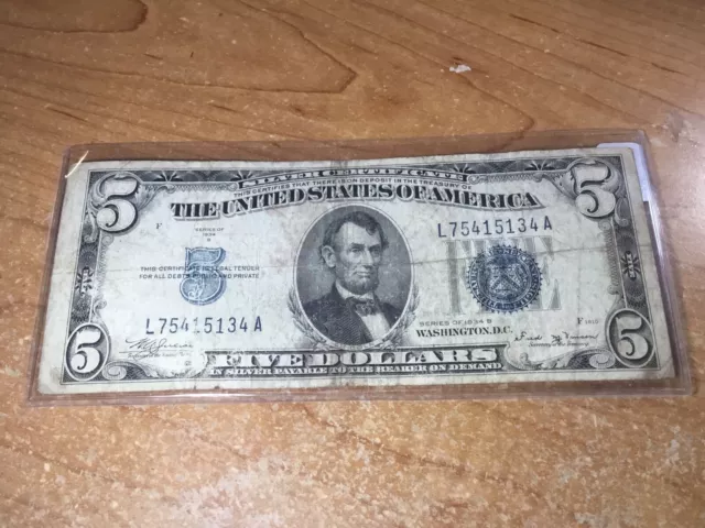 1934 B-Misaligned $5 SILVER CERTIFICATE-BLUE SEAL-5134 A