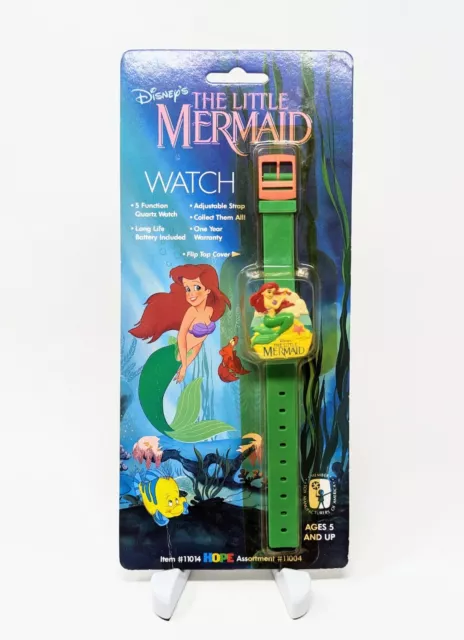 VTG 1989 Disney THE LITTLE MERMAID Arielz Quart Rubber Watch Flip Top Cover MOC