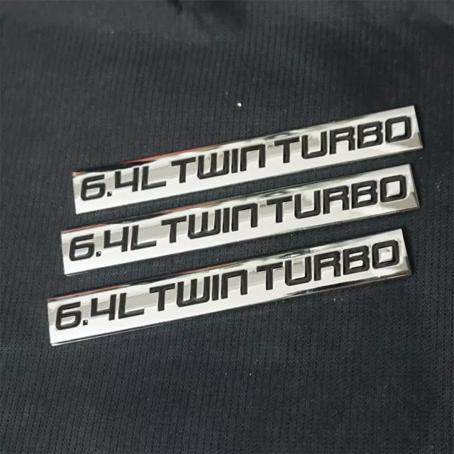 3x 6.4L TWIN TURBO Chrome Black Metal Sticker Badge Decal Emblem Luxury 3D Power