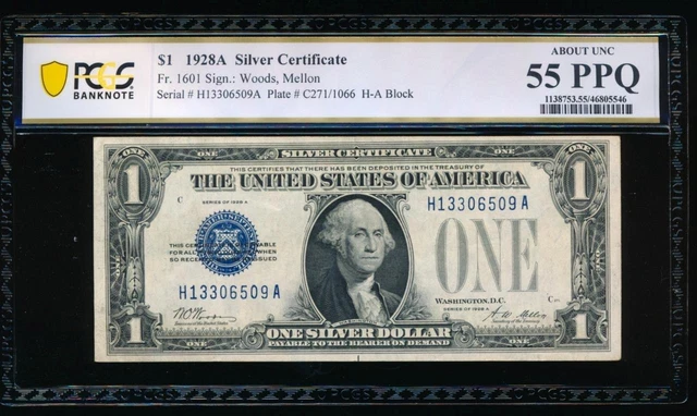 AC 1928A $1 Silver Certificate PCGS 55 PPQ Fr 1601 H-A block