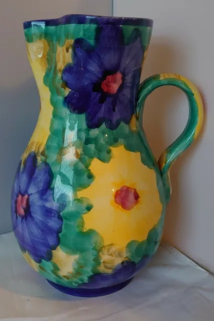 Portuguese Vintage Jug Pitcher Vase Hand-thrown/Handpainted Floral Design 10"H