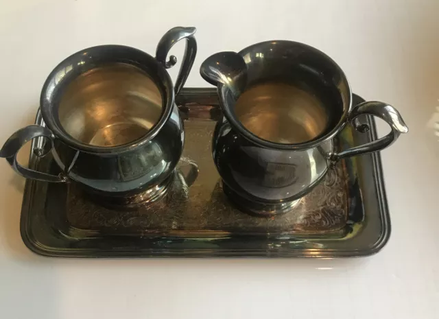 Vintage Sheffield Electroplated Silver On Copper Creamer, Sugar And Tray.