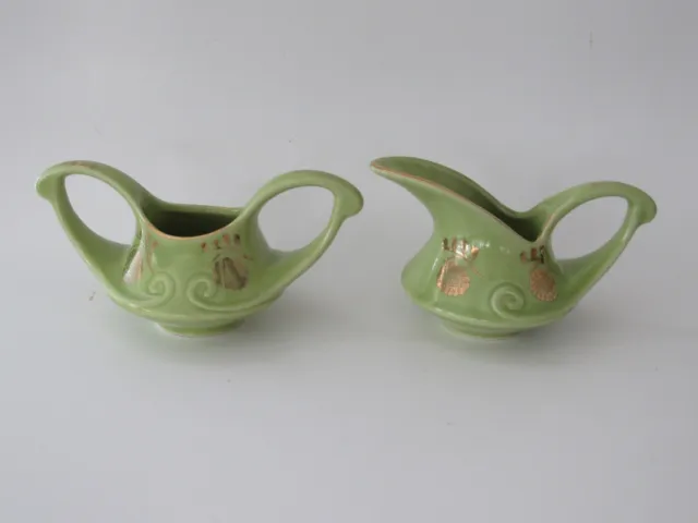 Pearl China Co USA Lime Green Creamer & Sugar Decorated w/ 22 Kt Gold