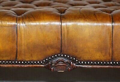 Huge Fully Restored Chesterfield Hand Dyed Brown Leather Hearth Footstool 5