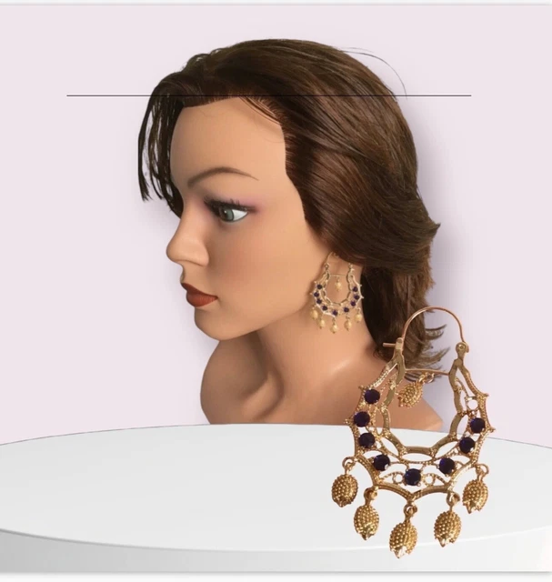 CRÉOLES BOUCLES D'OREILLES STYLE SAVOYARDE PIERRES BLEUES