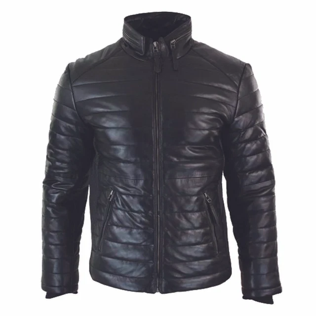 NOORA Mens Genuine Lambskin BLACK Leather PUFFER QUILTED Motorcycle Biker Jacket