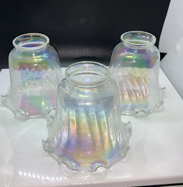 3 Vintage Lamp Shade Ruffle Edge Fitter Light Globe Iridescent 2” opening