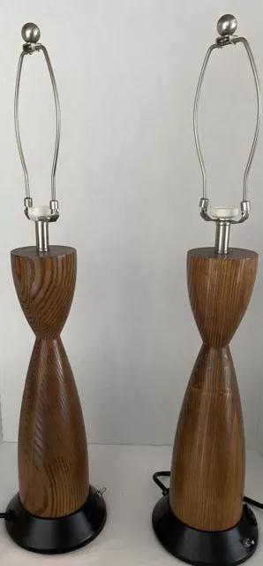 Pair Of Gorgeous Wooden Commercial Lamps MCM With Outlet On Base