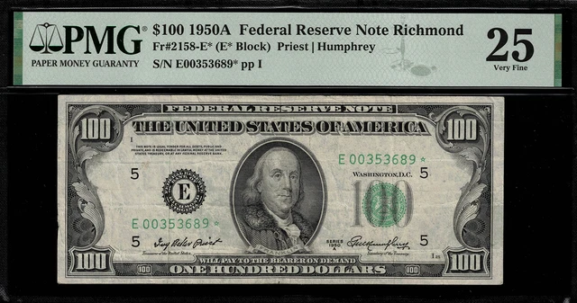 1950A $100 Federal Reserve Note Richmond - FR.2158-E* - Star Note - PMG 25