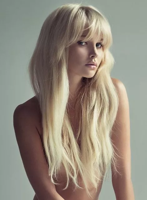 New Long Light Blond Women's Natural Wavy Capless Wig 100% Human Hair Wig 24 In