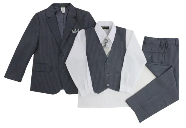 Boys Grey Pinstripe Suit 5 Pieces Set with Vest and Tie Size 2T-14 Two Button 2