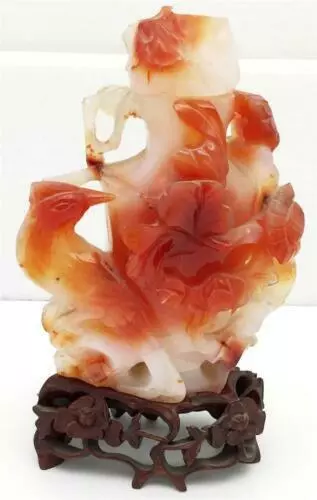 Late 1800's Chinese Carnelian Orange, Red, White Agate Jade Carved Vase w/Lid