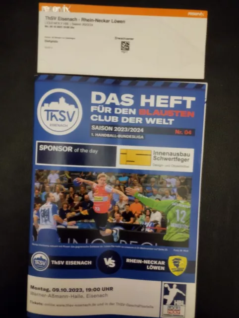 ThSV Eisenach - Rhine Neckar Lions 2023/24 HBL Handball Used Ticket + Program