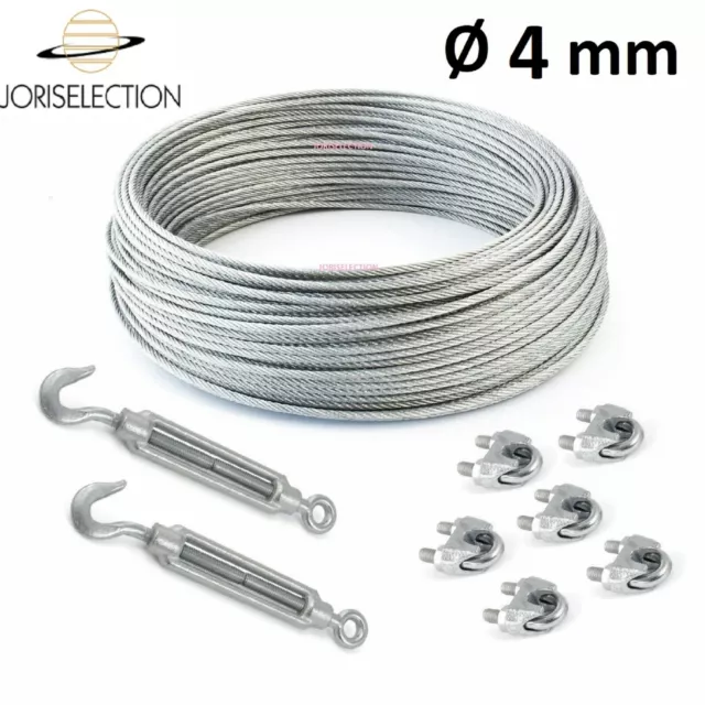 Câble acier galvanisé  Ø  4 mm + 6 serre-câble et 2 tendeurs  LONGUEUR  AU CHOIX