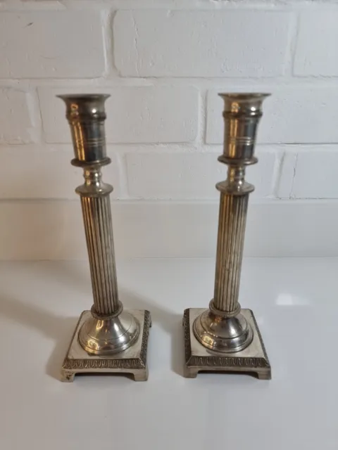 Pair Vintage Silver Plate Orinthian Collum Candlesticks, 10” Tall