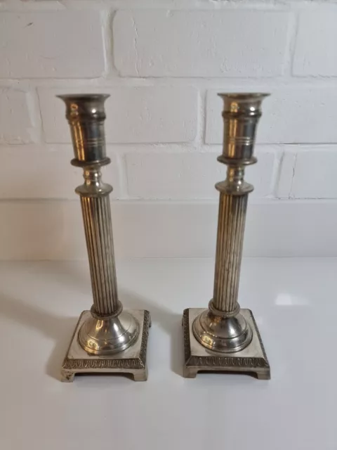Pair Vintage Silver Plate Orinthian Collum Candlesticks, 10” Tall
