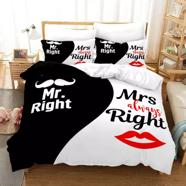 2/3Pcs Mrs. & Mr. Bedding Set Couples Quilt Duvet Cover Single Double King Size 3