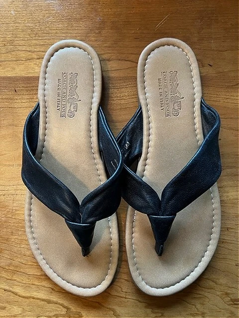 Coach and Four Womens Sandal Black Leather Thong Flip-Flop Shoe Italy Sz 8 1/2 M