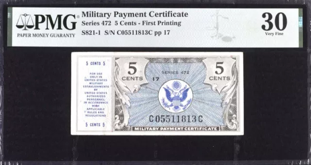Military Payment Certificate 5c Series 472 First Printing PMG 30 Very Fine Note