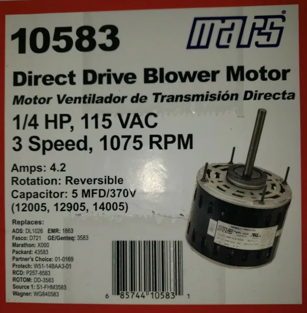 Mars 1/4Hp 115V 1075Rpm Reversible 3Speed Direct Drive Blower Motor 10583