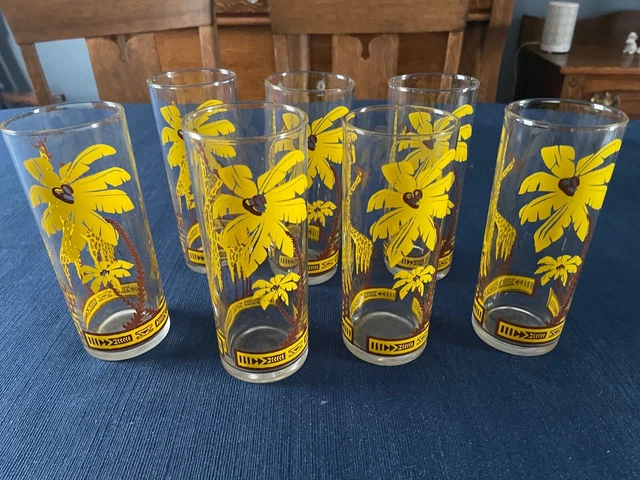7 Vintage 1960's Glasses w/Giraffes & Palm Trees Drinks Tom Collins Tumblers