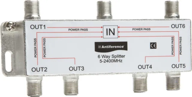 Antiference AS06 6 Way F-Type Indoor TV Signal Splitter,Silver