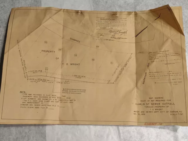 Vintage Blueprint  Map Durham NC North Carolina Shawnee Street Hamlin Sewer