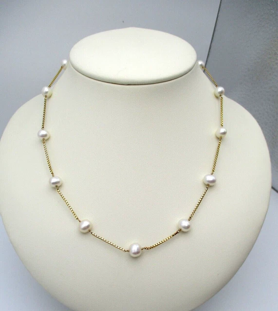 14K 585 Yellow Gold Pearl Station Necklace 17"  Box Chain
