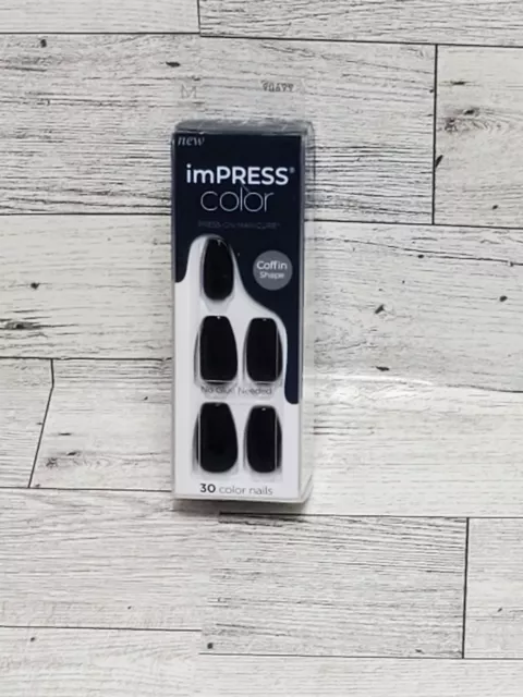 KISS IMPRESS COLOR Press-On Manicure Gel Black Medium Length Nails $7. ...