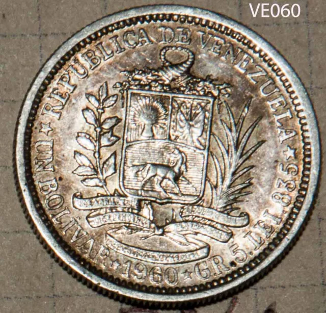 Venezuela 1960 Silver 1 Un Bolivar Choice UnCirculated Coin Toned