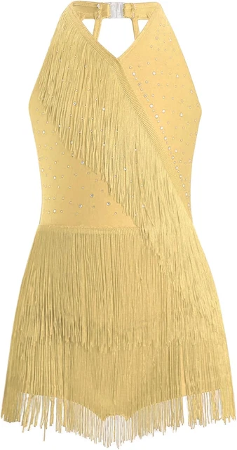 Vestito Paillettes Bambina Per Ballo Latino - Oro, Con Piume E Frange, Senza Maniche, 100% Poliestere - Foto 6