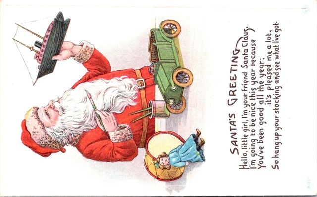 1917, SANTA Painting a Toy Ship, CHRISTMAS Greetings Postcard - Bergman 6011