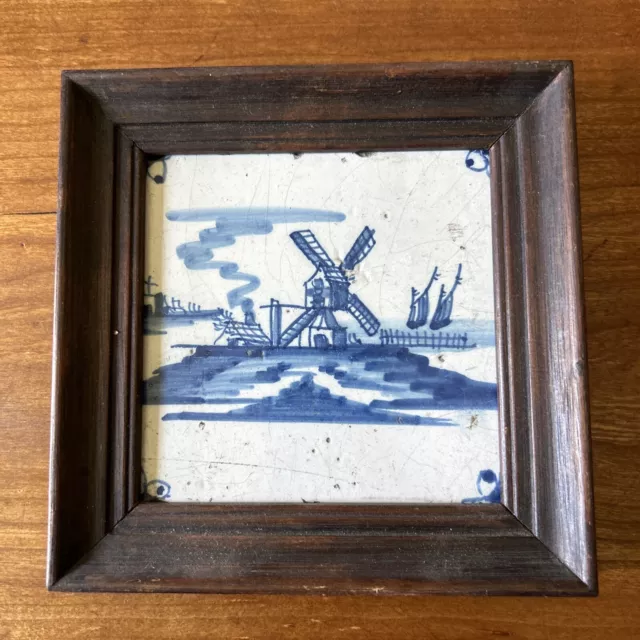 Antique Framed Delft Tile Blue & White With Windmill