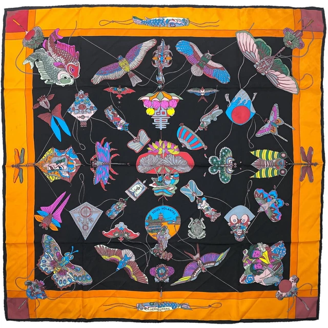 HERMES Scarf Carre 90 SOIES VOLANTES Carp Streamer Silk Black Multi Auth R1836