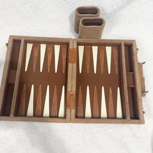 BACKGAMMON BRIEFCASE BOARD Game Vintage Brown Corduroy Travel Carrier