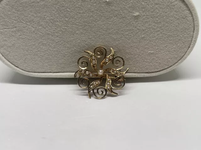 Read!!! Antique Victorian 10k Gold Seed Pearl TINY Starburst Brooch Pin