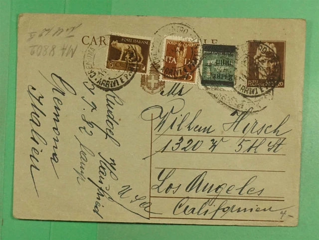 DR WHO 1945 ITALY OVPT UPRATED POSTAL CARD TO USA j46062