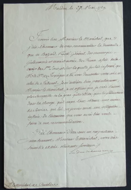 Gouverneur de Normandie, Général François-Henri d'HARCOURT autographe 1789