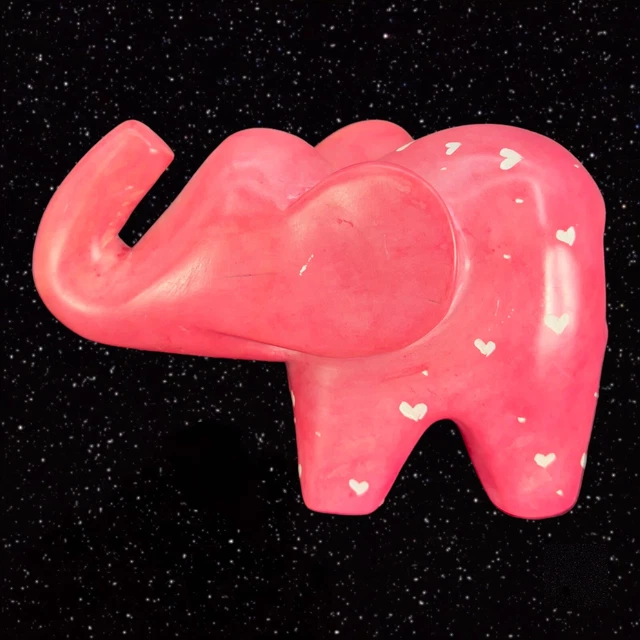 Large Pink Soapstone Elephant Figurine Heavy Figure W White Carved Hearts 6.5”W