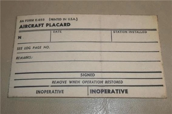 1970'S AMERICAN AIRLINES INOPERATIVE AIRCRAFT PLACARD FORM E-693 DECAL ...