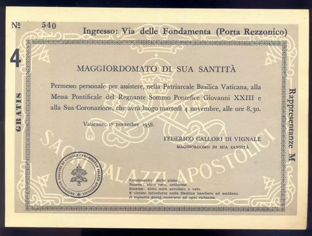Papa GIOVANNI XXIII-  Biglietto entrata in Basilica Vaticana per l'Incoronazione