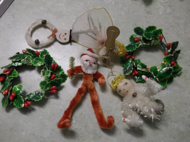 Vtg.millinery Miniature Wreaths,Chenille Santa,Angel,Snowman-Spun Cotton Faces~