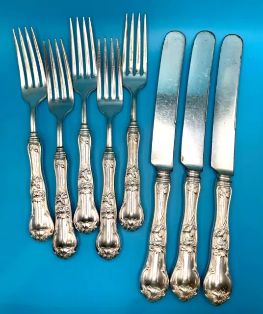 1910 S.H. Simmons Co. CARNATION Silverplate:  5 Dinner Forks & 3 Dinner Knives