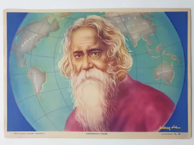 Vintage Politica Stampa Rabindranath Tagore E Mappamondo 14in x 1