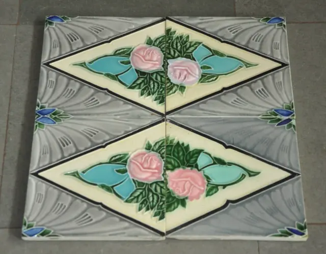 4 Pc Vintage Flower HS Saji Mark Floral Embossed Colorful Ceramic Tiles,Japan