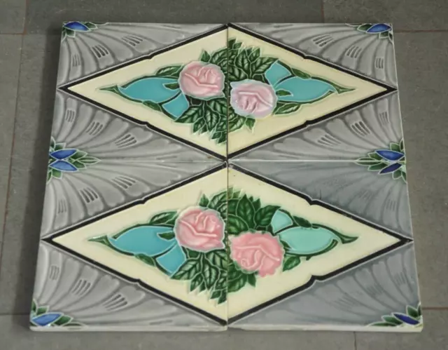 4 Pc Vintage Flower HS Saji Mark Floral Embossed Colorful Ceramic Tiles,Japan