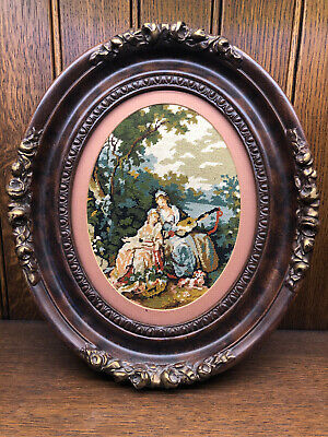 Antique Victorian Needlepoint Picture Burr Walnut Looking Oval Ornate Frame (C)