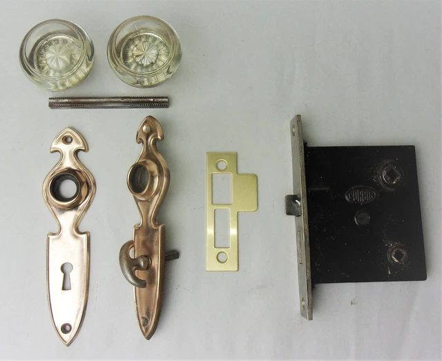 Antique Vintage Bathroom Door Set Art Deco Backplate Glass Knob Mortise Lock Key